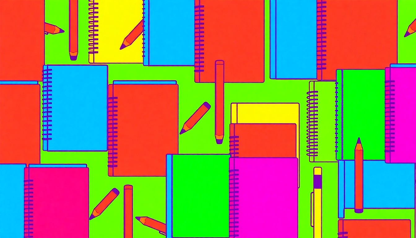 A bold, colorful silkscreen-style illustration featuring a repeating pattern of school supplies like pencils and notebooks, representing the creative fundraising activities of Trigg County students to support the Cadiz Rotary Auction.