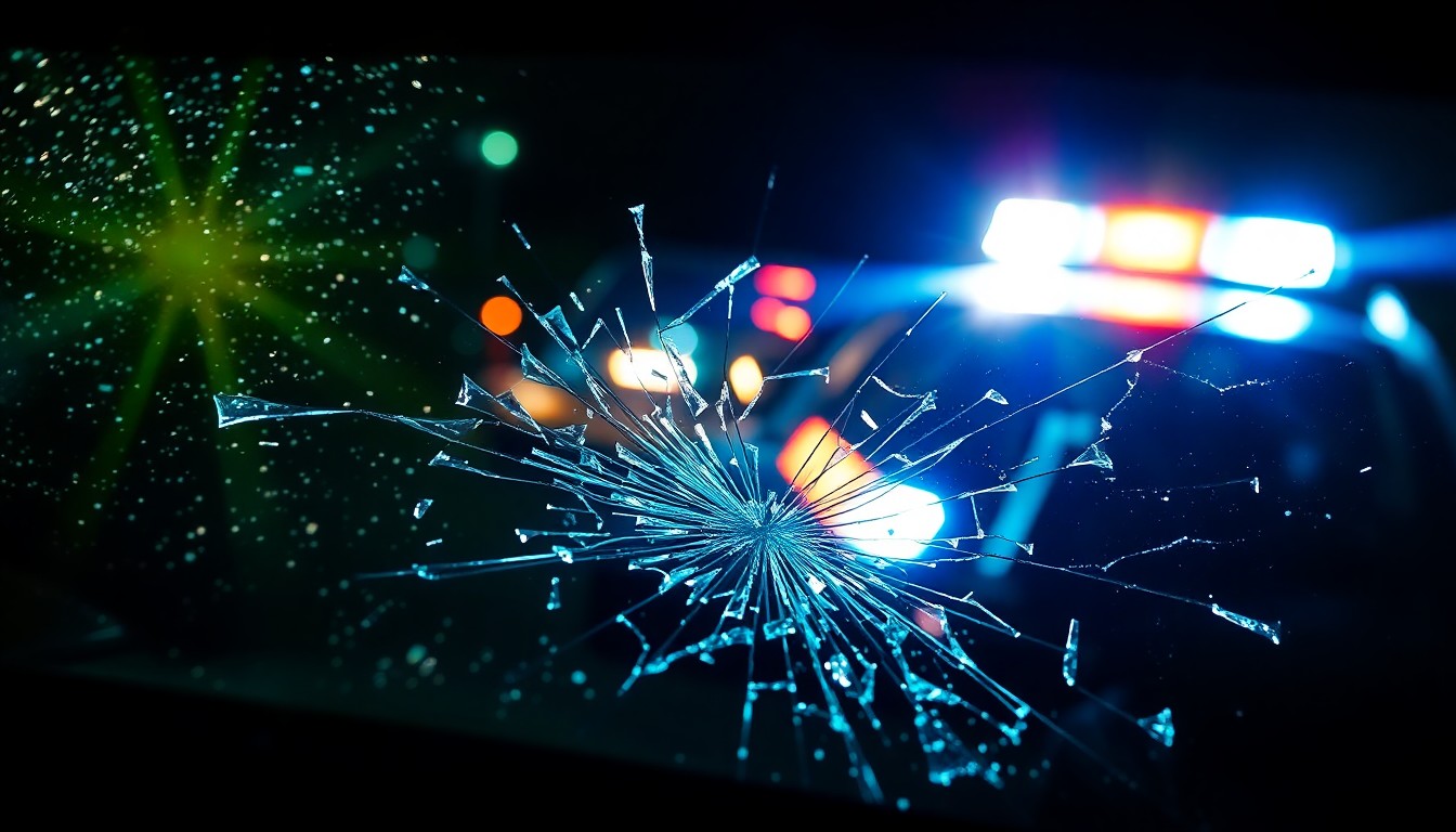An extreme close-up photograph of a shattered car windshield reflecting the harsh glare of a police car's flashing lights, conceptually illustrating the aftermath of a collision between a law enforcement vehicle and a civilian car.