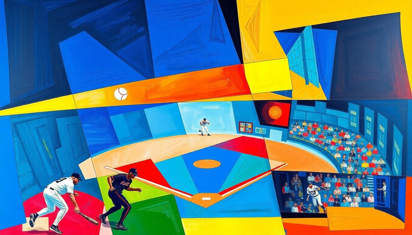 A fragmented, geometric painting depicting the motion and energy of a baseball game, with sharp planes of color representing the Diamondbacks' roster changes.