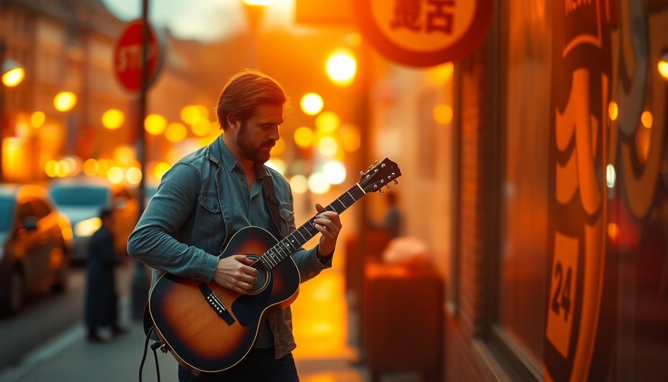 An abstract, out-of-focus photograph of a musician playing guitar on a street corner, with warm, hazy pools of light and color creating a dreamlike, atmospheric scene that captures the mood and emotion of the story.