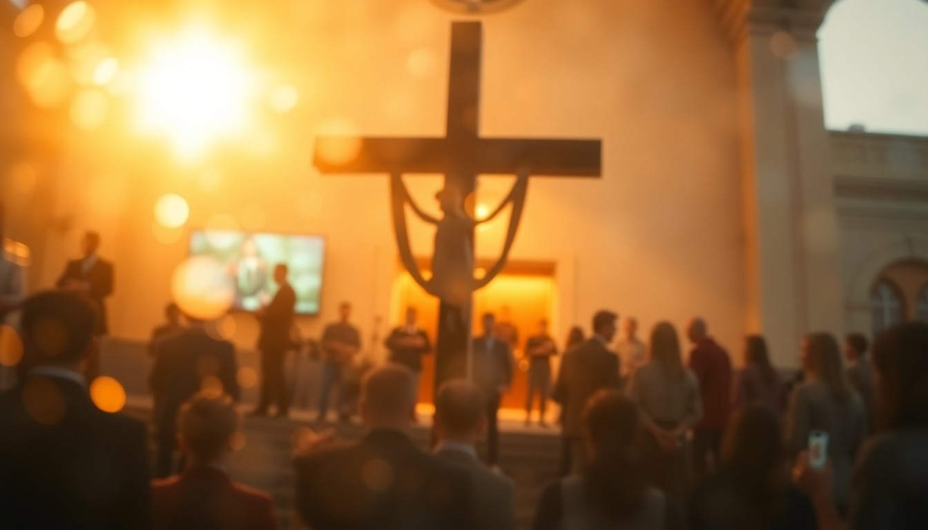 An extremely blurred, impressionistic photograph showing the soft, glowing light of a sunrise filtering through rain-streaked glass, with the indistinct silhouettes of people decorating a large wooden cross in the foreground, conveying the reverent yet celebratory mood of an Easter service.