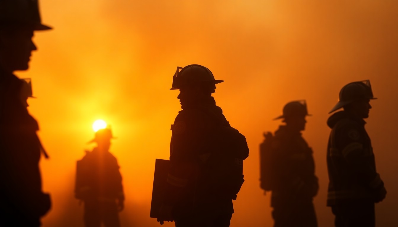 An abstract, out-of-focus scene of firefighters in silhouette, surrounded by a warm, hazy glow of light and color, conveying a sense of transition and community.