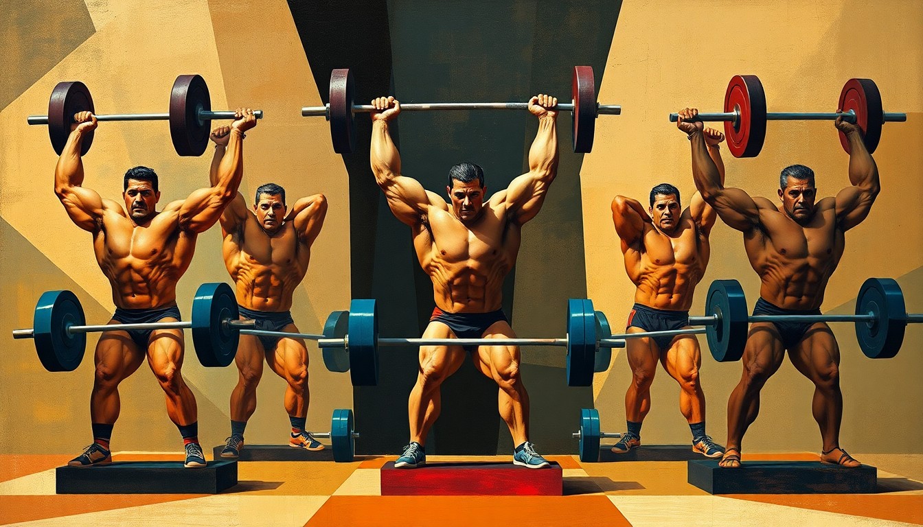 A cubist, geometric painting depicting multiple perspectives of powerlifters in action, with overlapping planes of muscular limbs, barbells, and competition platforms, capturing the raw power and explosive energy of the sport.