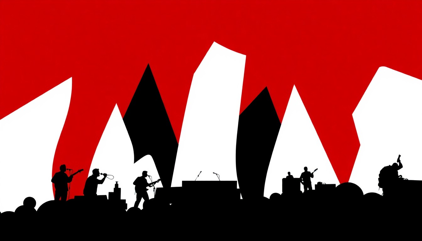 An abstract, minimalist illustration featuring bold, jagged shapes in red and white, conceptually representing the diverse musical styles and emerging artists featured at the Thekidszn music festival.