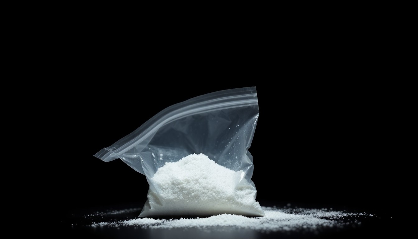 An extreme close-up of a small plastic bag containing a white crystalline substance, reflecting the harsh lighting and dramatic shadows of the Weegee photographic style to convey a sense of the gritty realities of the meth crisis.