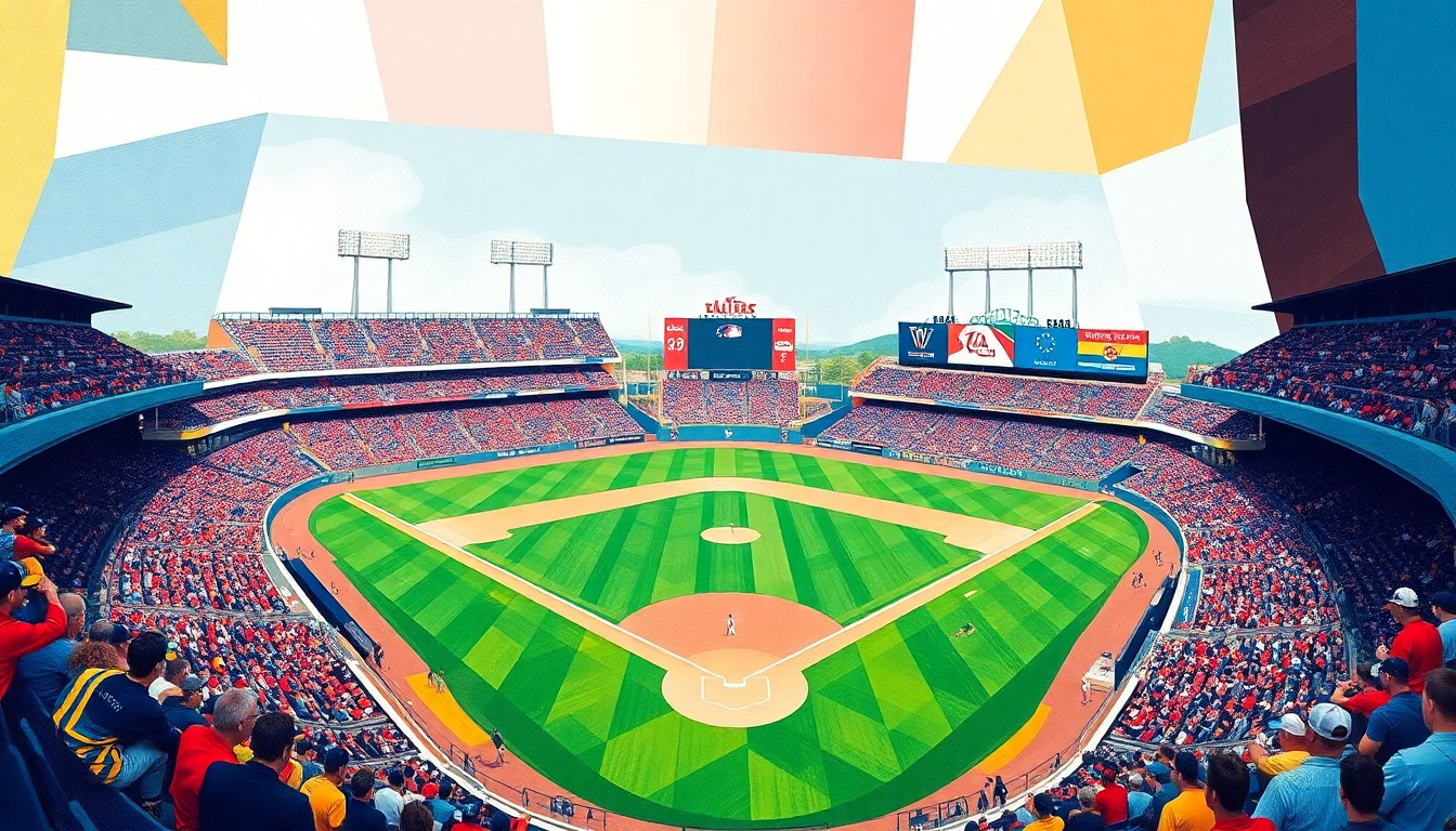 A fragmented, geometric painting in bold colors depicting the action and energy of a college baseball game, conveying the high stakes and competitive tension of the series.