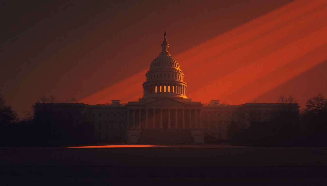 A serene, photorealistic painting of the U.S. Capitol building in warm, golden light, conveying a sense of political tension and uncertainty.