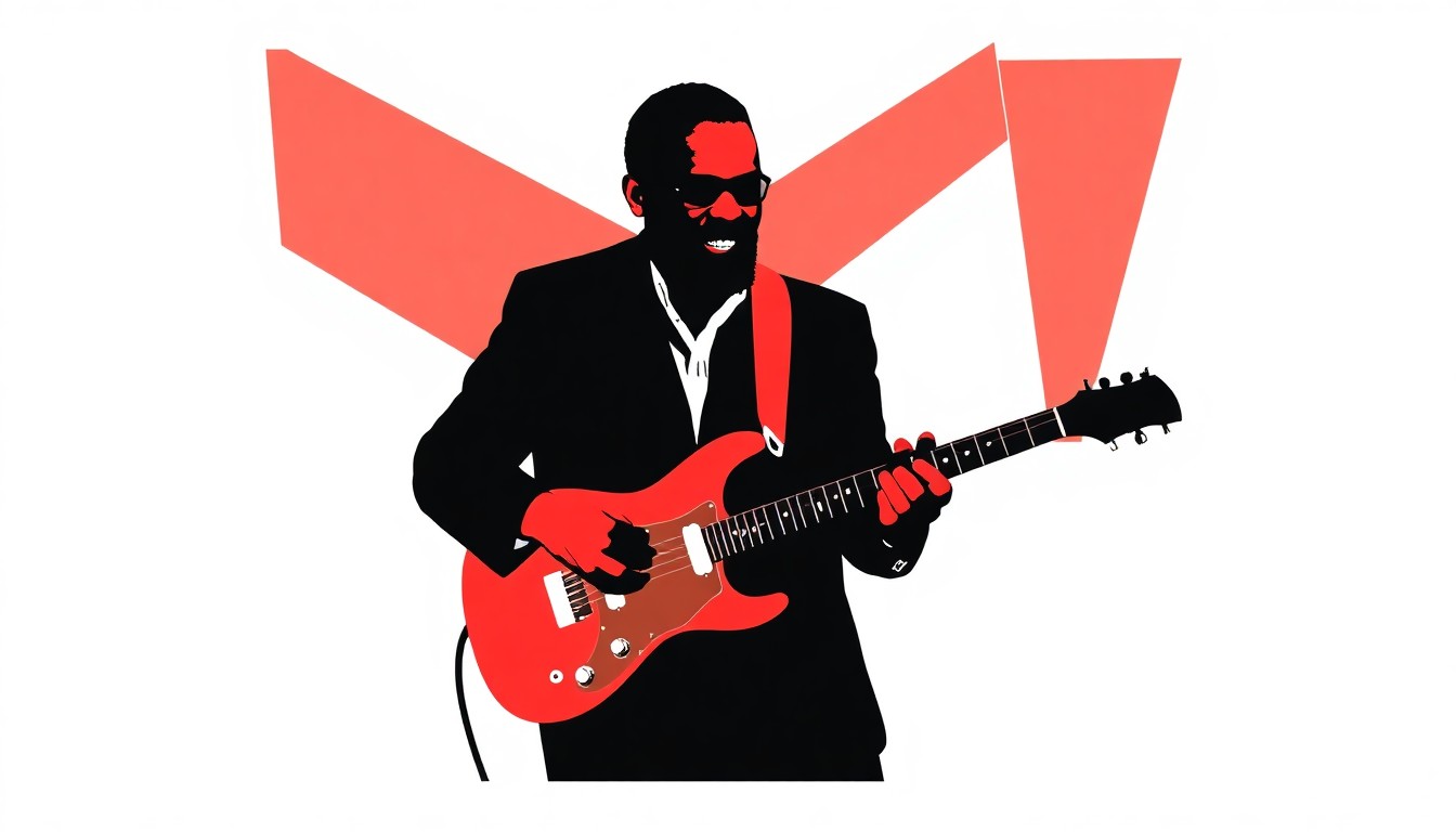 A bold, abstract illustration featuring stark geometric shapes and silhouettes in high-contrast colors, conceptually representing the musical performance of Keb' Mo' at the Sisters Starry Nights concert.