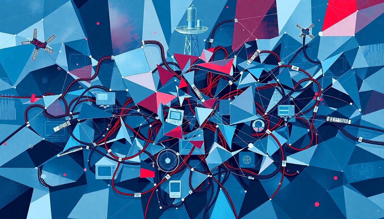 A fractured, overlapping geometric painting in shades of blue, grey, and red, depicting a tangled web of digital infrastructure, conceptually representing the disruption of a Russian cyber espionage network.
