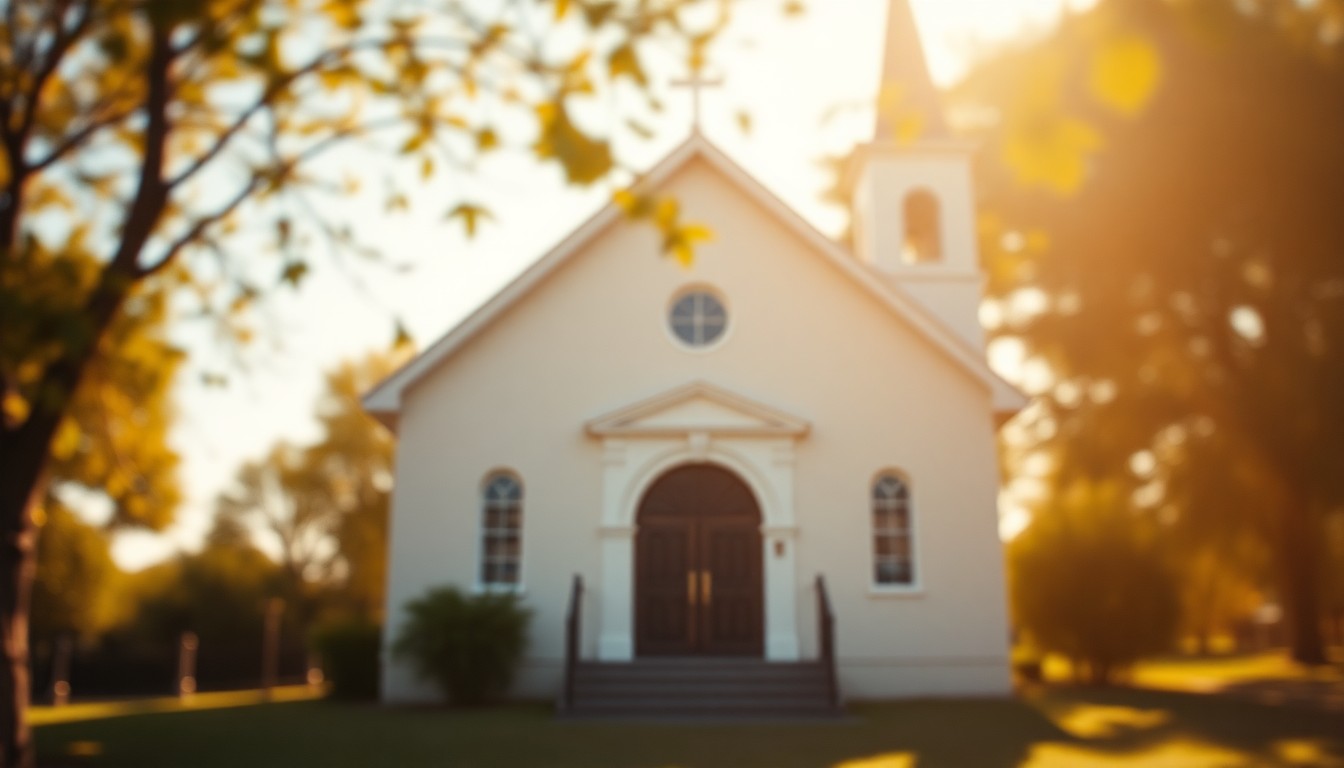 An abstract, impressionistic photograph of a church building, with the details blurred into soft, warm pools of light and color, conveying a sense of reverence and community.