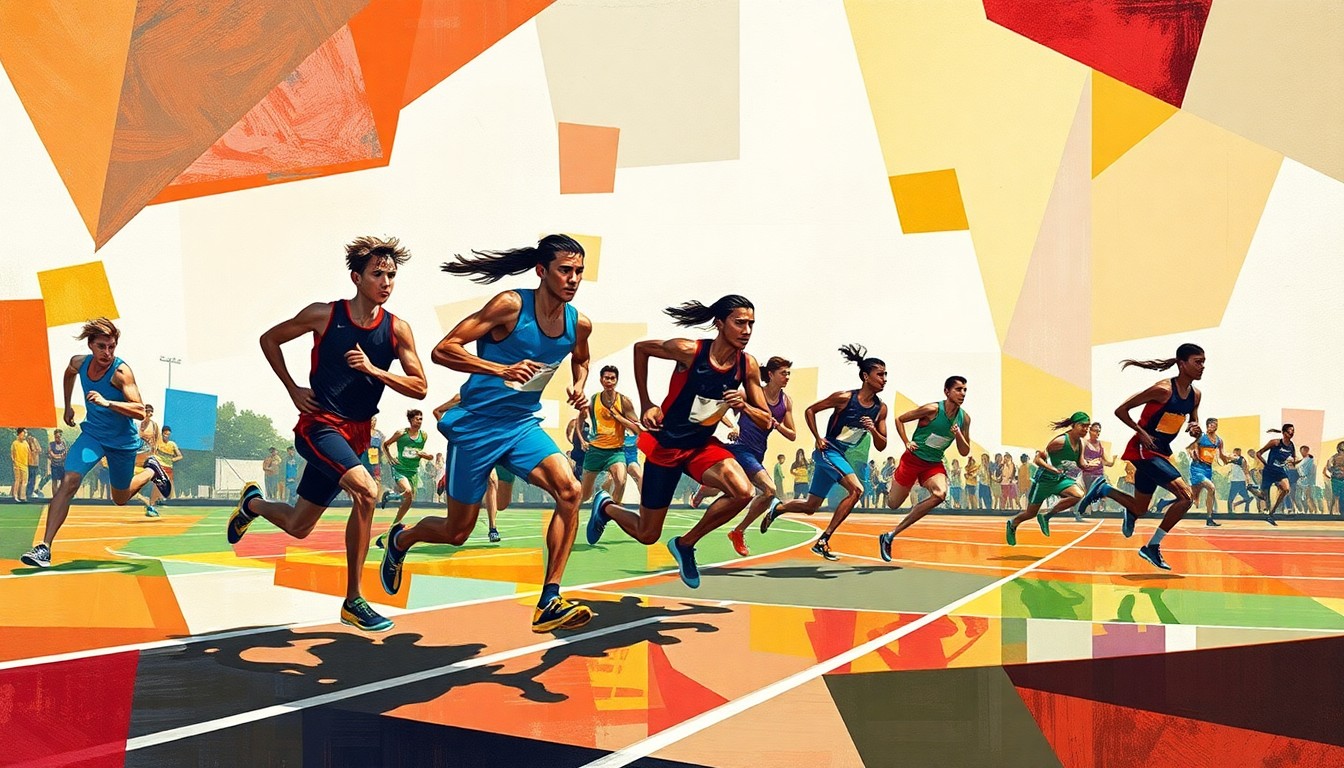 A fragmented, geometric painting in the style of Pablo Picasso, depicting the motion and intensity of a high school track and field competition, with abstract shapes and forms representing the runners and the mile-relay event.