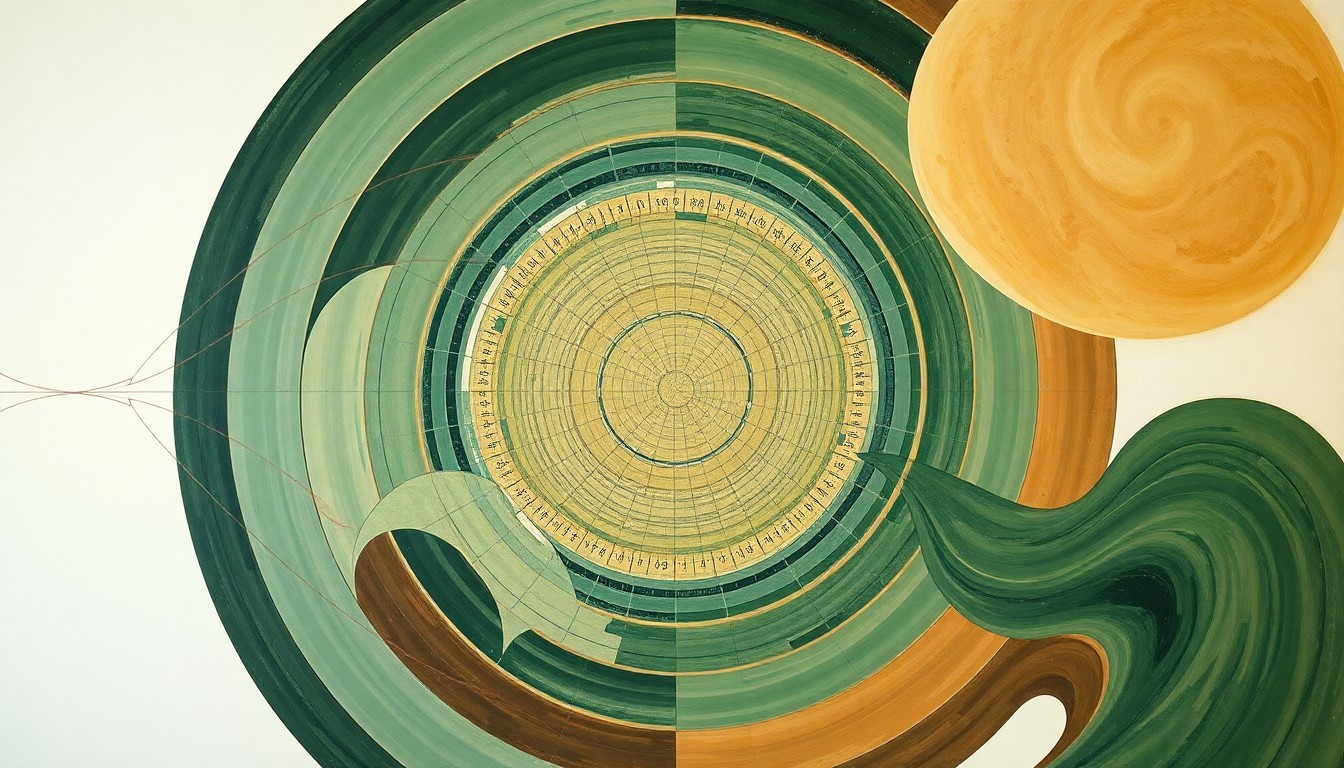 A highly textured, abstract painting in soft earth tones, featuring sweeping geometric shapes, intersecting waveforms, and precise botanical spirals, conceptually illustrating the complex interconnected systems that support the diverse array of wildlife in the Sisters region.