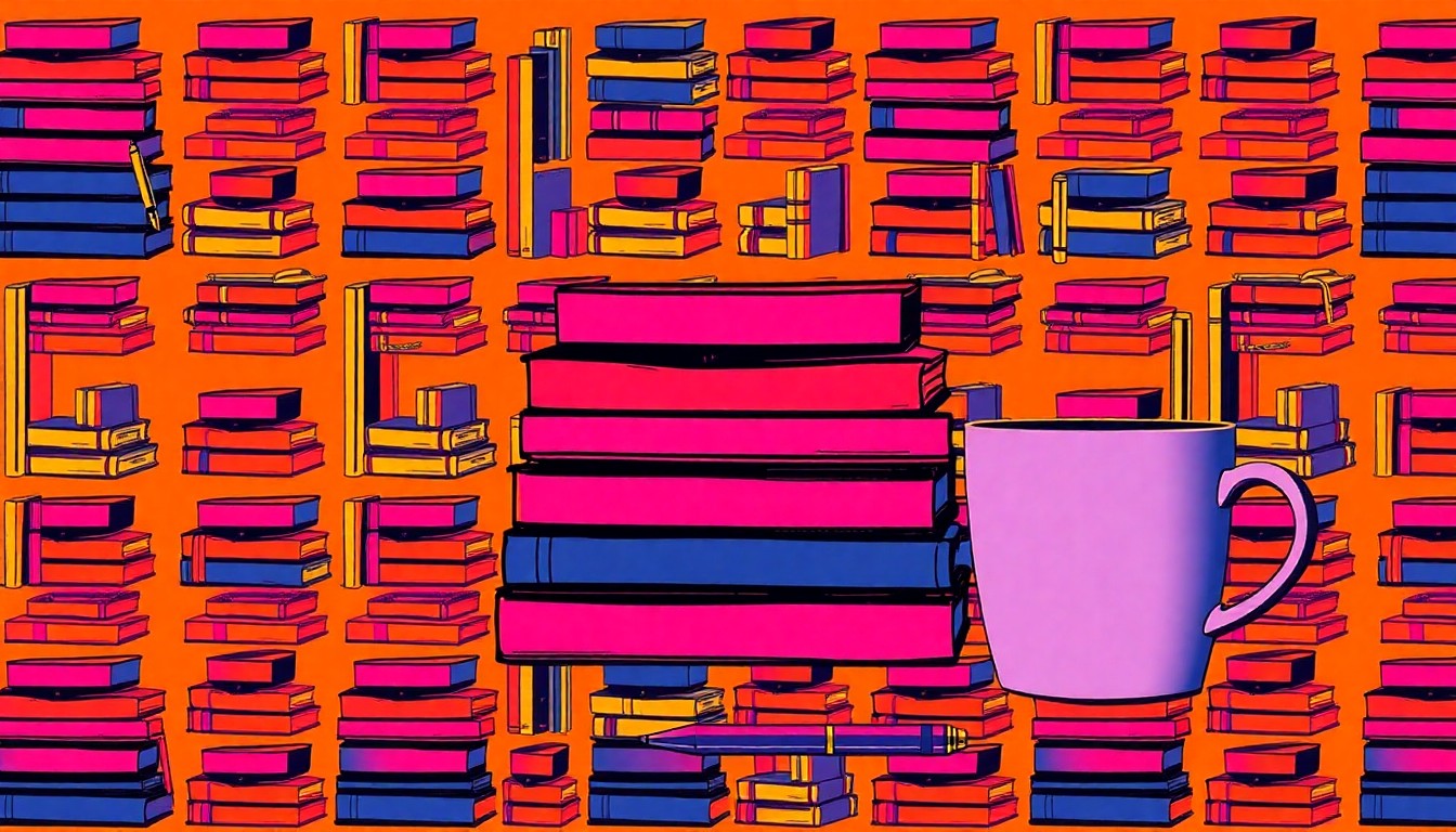 A brightly colored, high-contrast silkscreen print of a stack of books, a cup of coffee, and a pen repeated in a tight grid pattern, turning everyday literary objects into modern pop art.