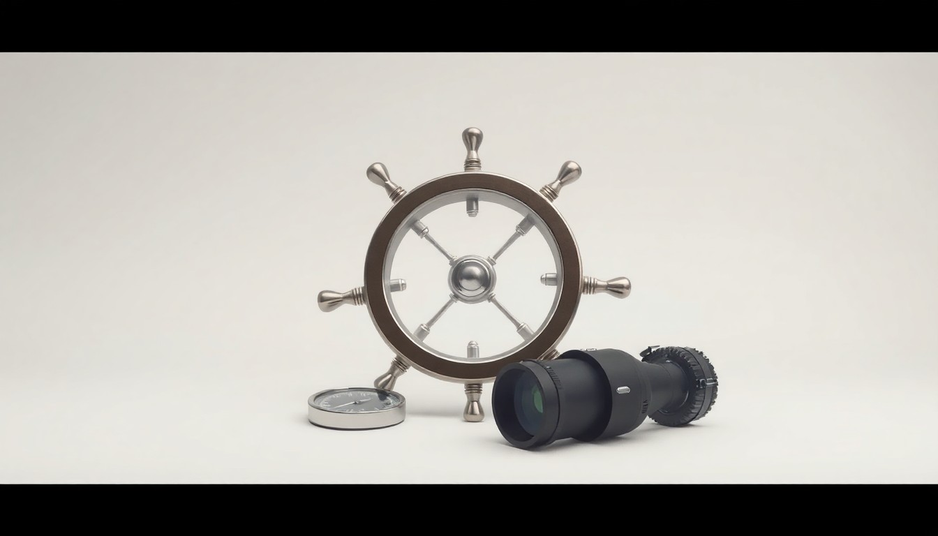 A high-end, photorealistic studio still-life photograph featuring a polished metal ship's helm, a compass, and a pair of binoculars arranged elegantly on a clean, monochromatic background, conceptually representing the maritime industry and the importance of navigation and efficiency in port operations.