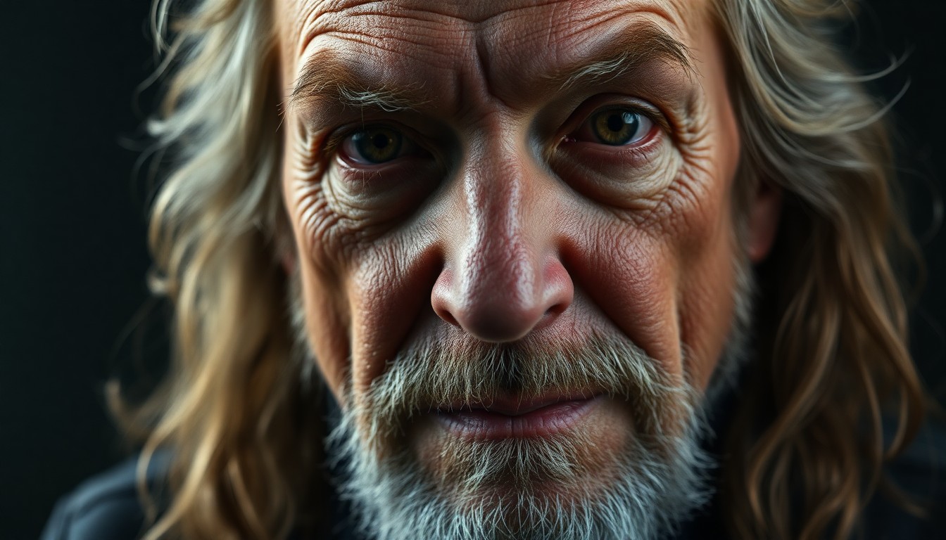 An extreme close-up photograph of a weathered, textured face in dramatic studio lighting, capturing the rugged, timeless essence of a legendary rock star.