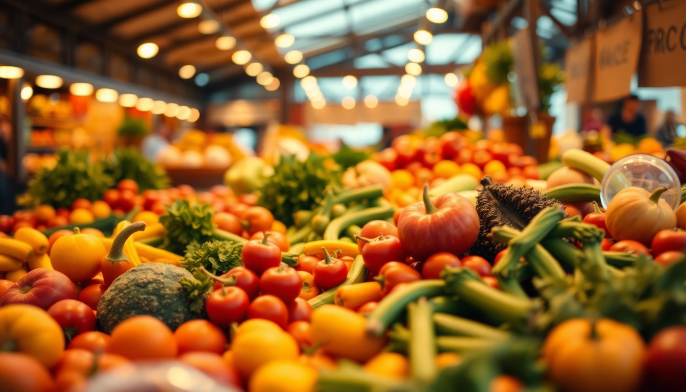An extremely abstracted, out-of-focus photograph of a farmer's market display featuring a variety of fresh, seasonal produce in soft, warm tones of orange, green, and yellow, creating a hazy, dreamlike scene that captures the essence of a community-supported agriculture program.