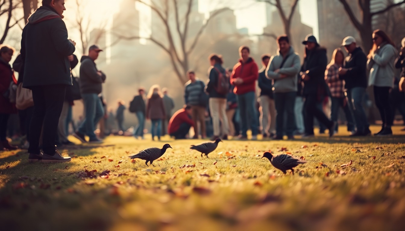 An abstracted, out-of-focus photograph in soft, warm tones depicting a group of people gathered around a grassy area in a city park, their attention focused on the ground where a few small, mottled brown birds can be seen, conceptually representing the annual appearance of American woodcocks in Bryant Park.