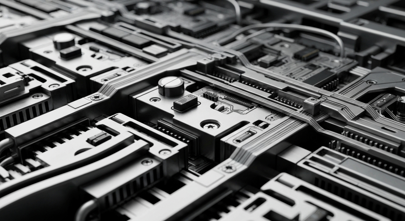 An extreme close-up of complex, metallic financial data processing machinery, gears, and circuits, conceptually representing the secure technology backbone of QuoteMedia's data services.