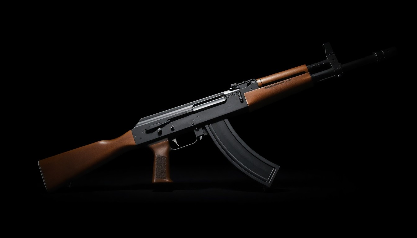 An extreme close-up photograph of a rifle's metal components, including the trigger and barrel, lit by a harsh, direct flash against a pitch-black background, creating a stark, gritty aesthetic that conveys the gravity of the crime.