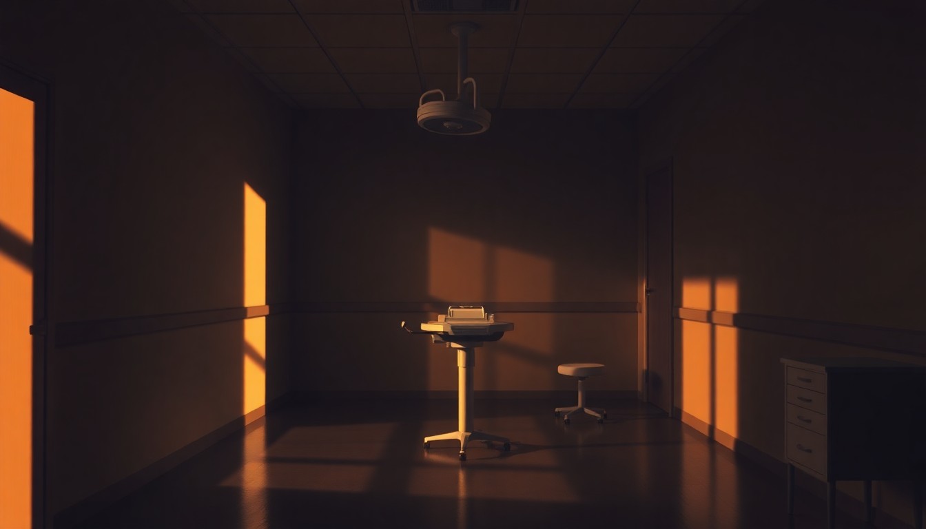 A moody, cinematic painting of a solitary medical instrument or piece of equipment in an empty, dimly lit examination room, bathed in warm, diagonal sunlight and deep shadows, conveying a sense of quiet unease and the lingering effects of past medical abuses.
