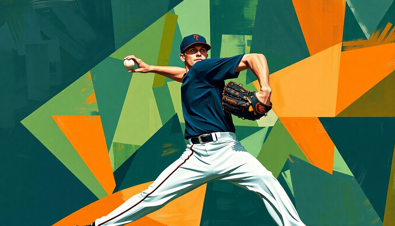 A cubist, geometric painting depicting the fractured, multi-angled motion of a baseball pitcher, with sharp planes of navy, forest green, and burnt orange colors.