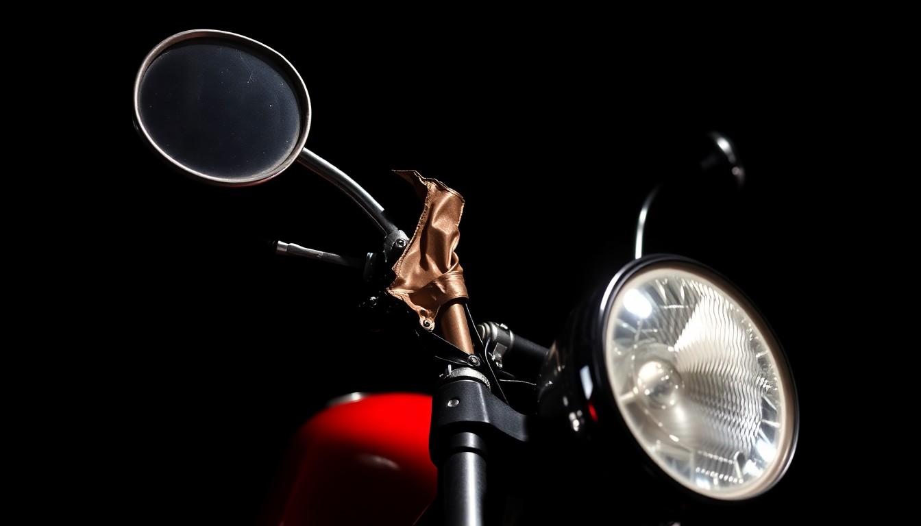 An extreme close-up photograph of a twisted, damaged motorcycle part, capturing the harsh, gritty aftermath of a fatal traffic collision.