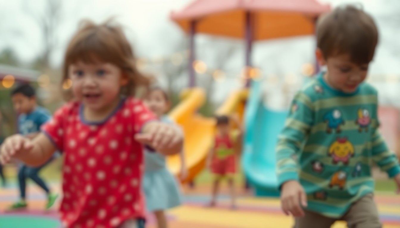 An abstract, impressionistic scene of children playing on a playground, with soft focus and muted, warm colors creating a dreamlike atmosphere.