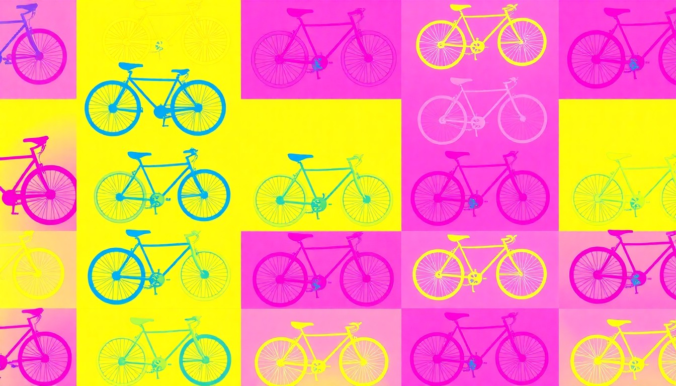 A bold, abstract illustration composed of a repeated icon of a stylized bicycle in a grid pattern, using bright, neon colors to conceptually represent the connectivity and active transportation focus of the bridge project.