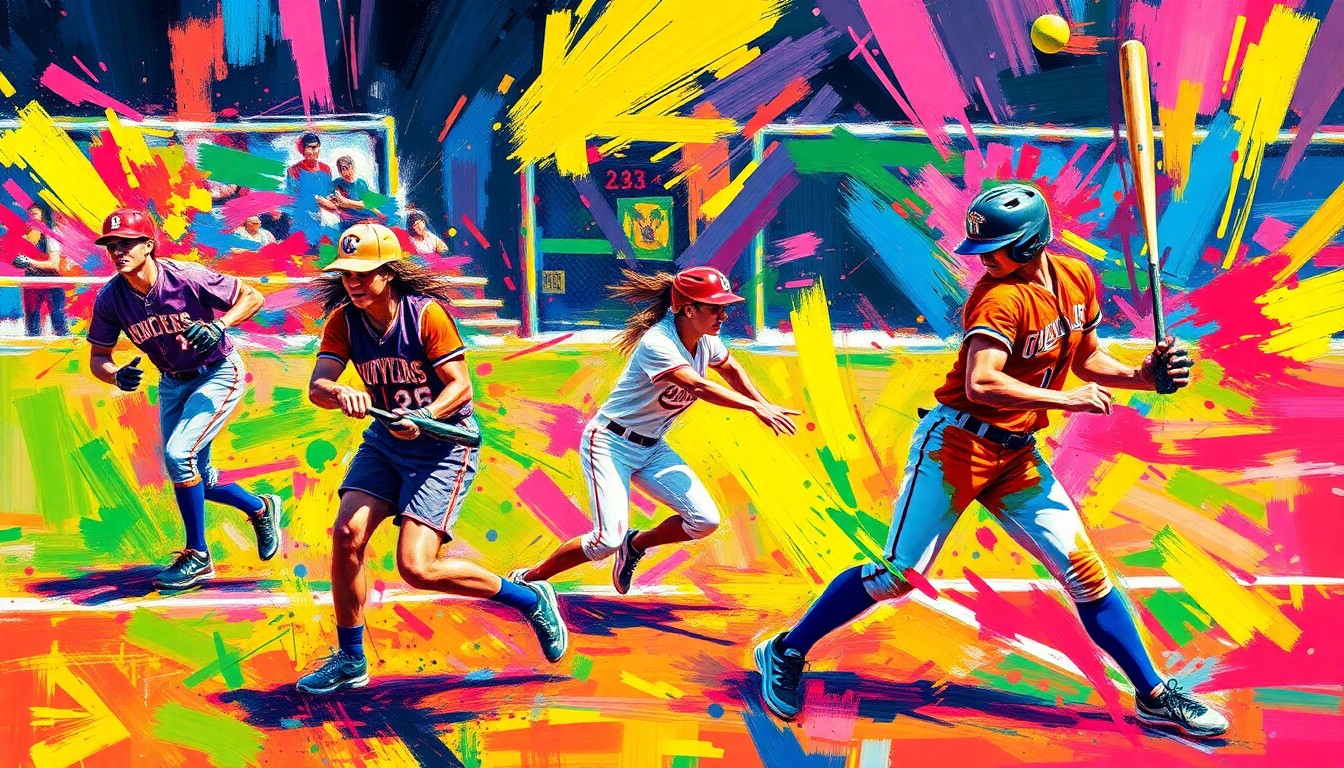 An abstract painting in neon colors with rapid brushstrokes, capturing the raw power and motion of a college softball game, with players' forms dissolving into unrecognizable splatters of paint.