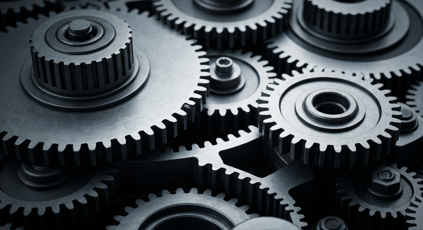 An extreme close-up photograph of a complex array of interlocking gears, levers, and mechanical components in muted industrial tones, conceptually representing the intricate financial infrastructure of the Medicare Advantage program.