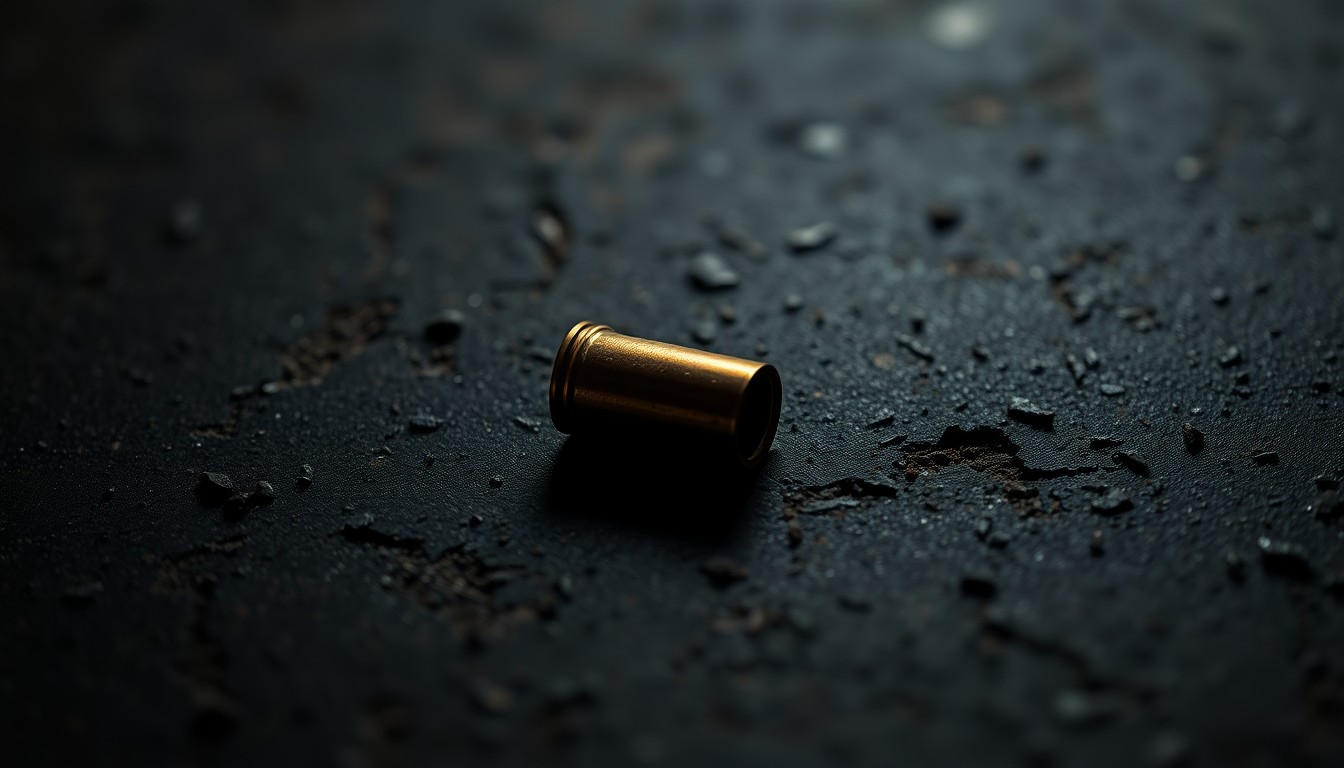 An extreme close-up photograph of a single spent shell casing on a dark, textured surface, lit by a harsh, direct camera flash, conceptually illustrating the gritty details of a violent crime investigation.