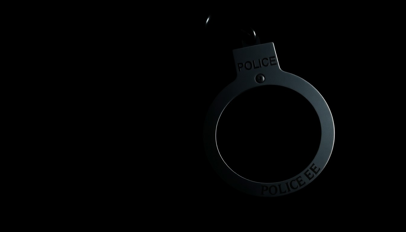 An extreme close-up of a metal police badge or handcuffs against a pitch-black background, lit by a harsh, direct flash to create a stark, gritty, investigative aesthetic.