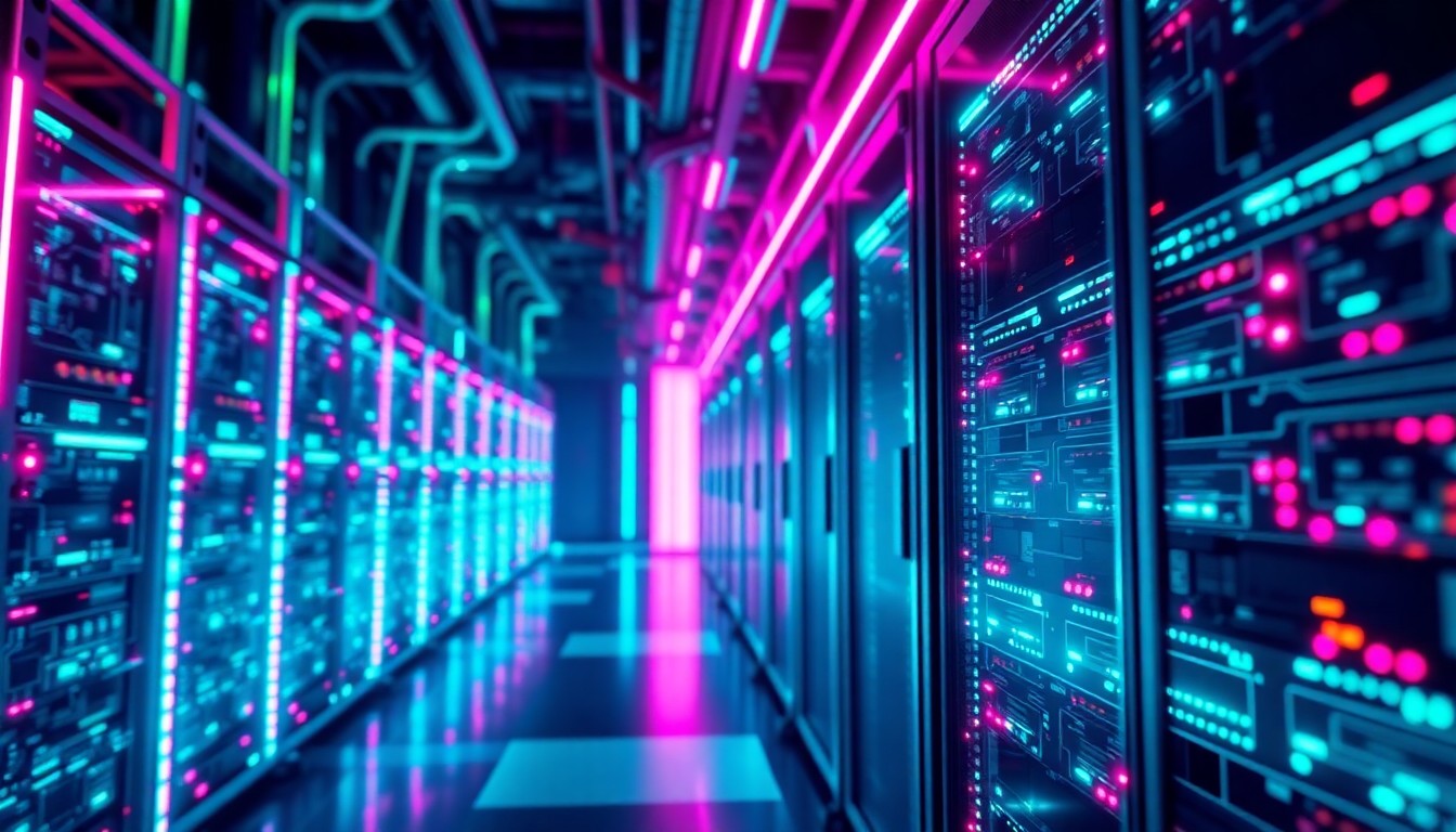 A highly detailed, glowing 3D illustration of futuristic AI server hardware and data center infrastructure, with neon cyan and magenta lights illuminating the complex circuits and components, conceptually representing the powerful digital forces driving the tech industry's transformation.