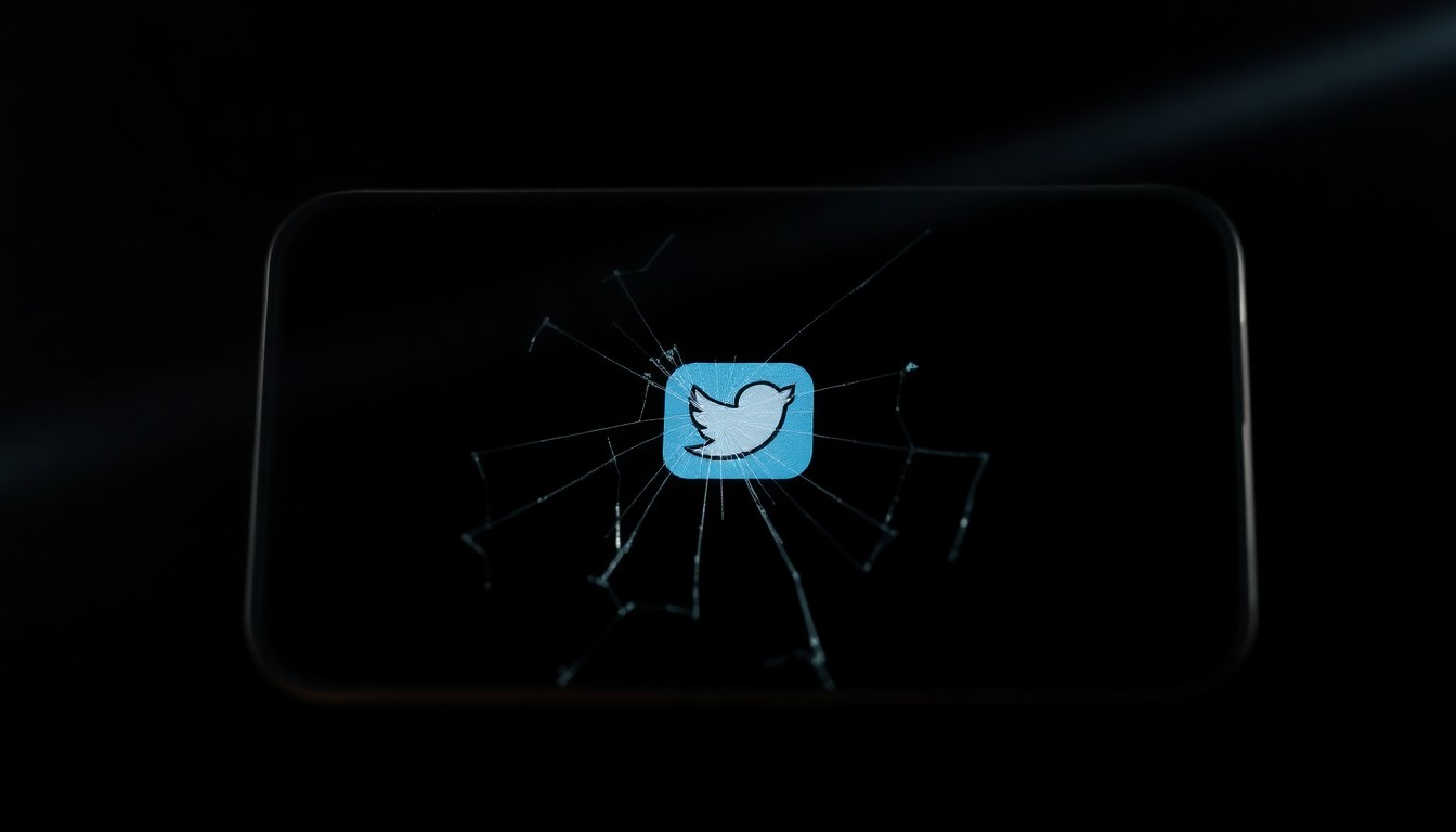 An extreme close-up photograph of a cracked smartphone screen reflecting a distorted image of a social media app icon, conveying the fragility and risk of online financial transactions.