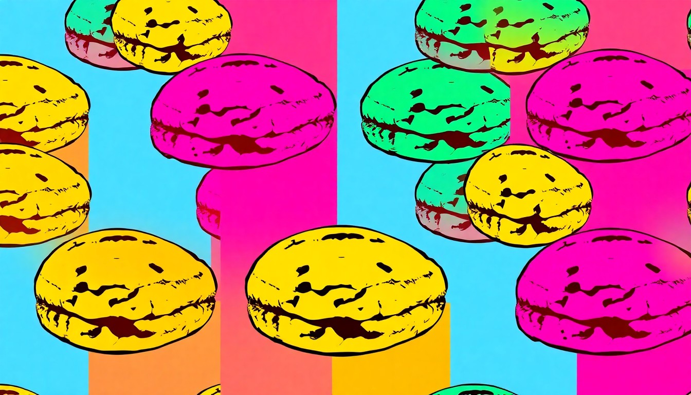 A bold, colorful silkscreen print featuring a repeated image of a Baltimore crab cake, conceptually representing the city's beloved seafood heritage.