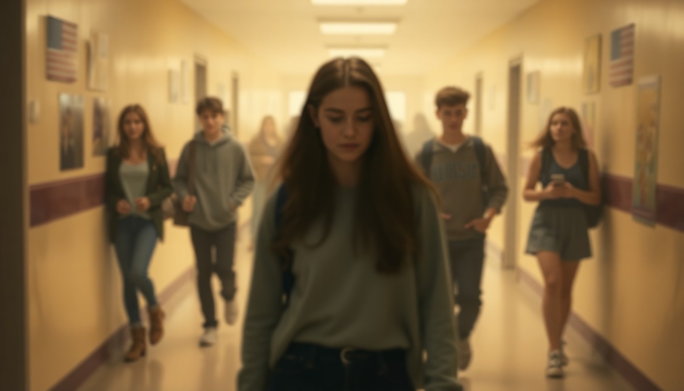 An abstract, out-of-focus photograph in warm, muted tones depicting a high school hallway scene with students walking through, their faces and details obscured in a hazy, dreamlike atmosphere, conceptually representing the story of a student overcoming challenges to achieve academic success.