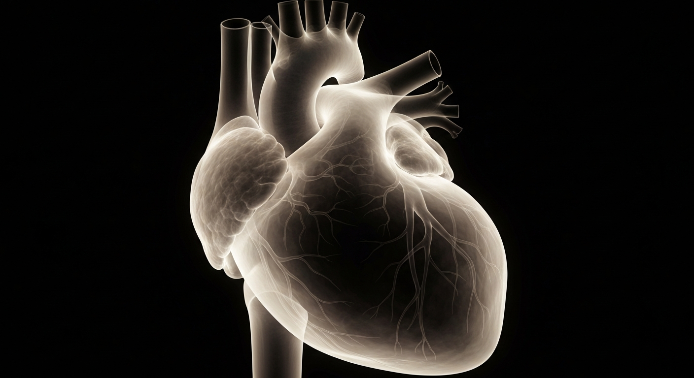 A ghostly, translucent X-ray image showing the internal structure of a human heart, with enlarged veins and arteries glowing against a dark background, representing the effects of heart failure.