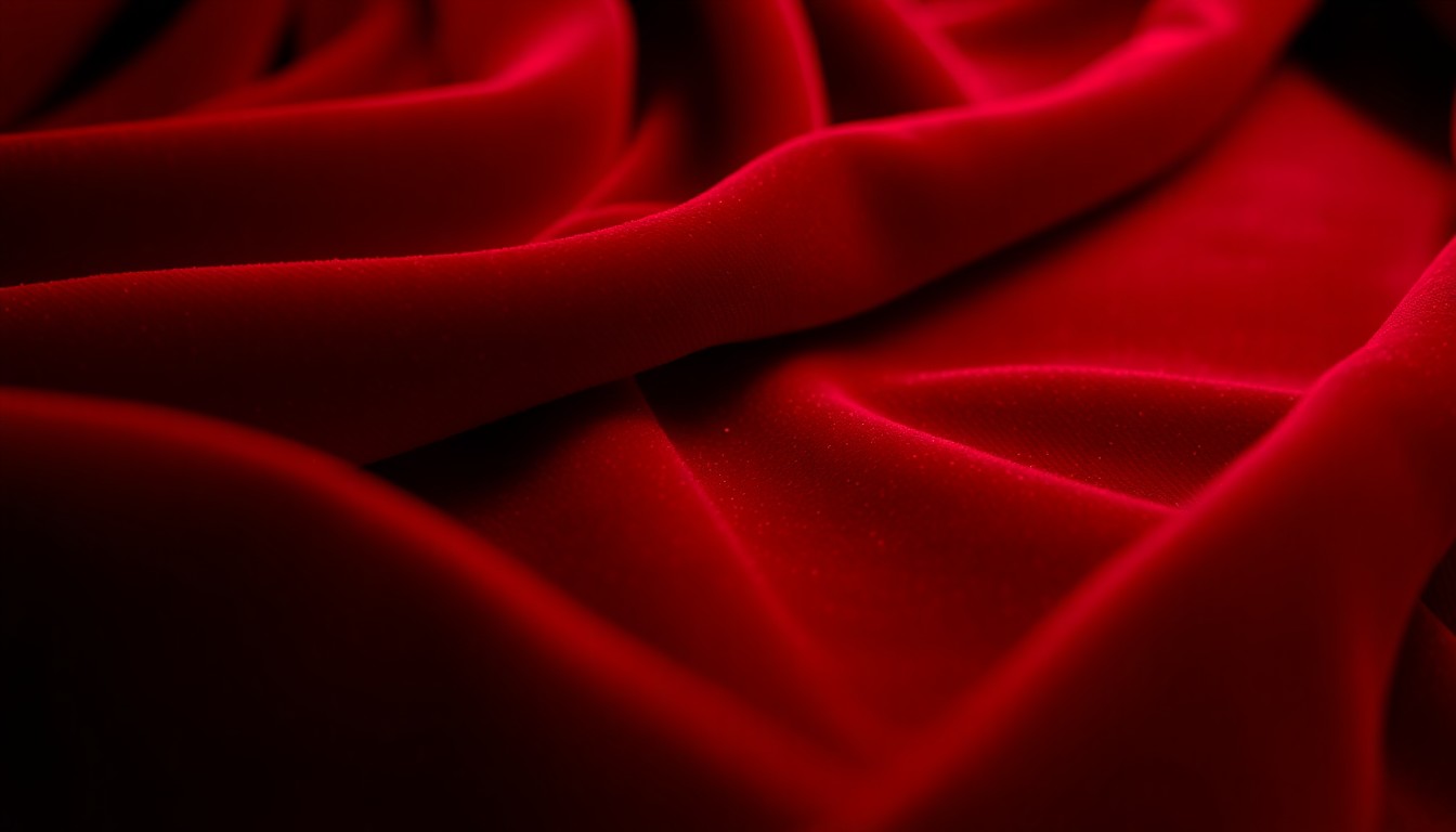 An extreme close-up photograph of rich, velvety red fabric illuminated by dramatic studio lighting, conveying the opulent aesthetic of major awards shows.