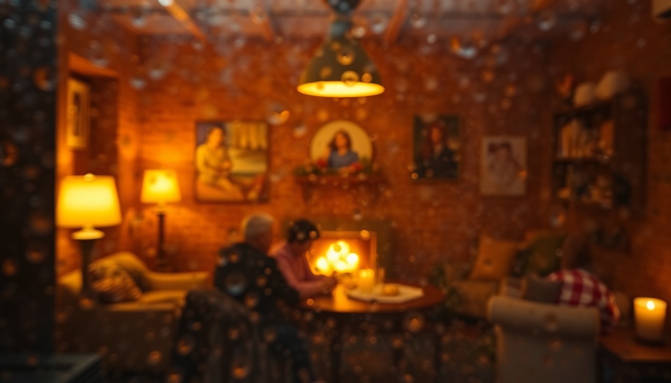 An abstract, blurred image of a small group of people gathered in a warm, cozy indoor setting, conveying a sense of intimacy and comfort as they come together to remember a loved one.