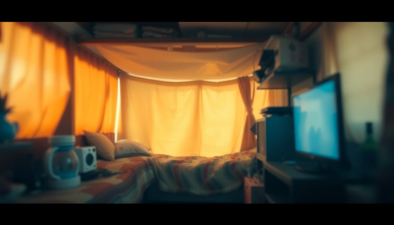 An extremely abstracted, out-of-focus photograph depicting the interior of a small, makeshift dwelling, with a bed, television, and other personal items visible through the hazy, dreamlike composition, conceptually representing the makeshift living conditions of those left behind by the city's homelessness services.