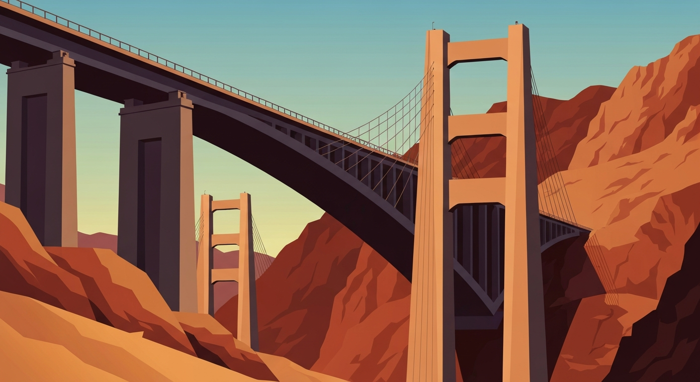 A bold, geometric illustration depicting the towering presence of the Rio Grande Gorge Bridge, with sweeping gradients in earthy tones and a sleek, streamlined design that captures the grand scale of the structure without any literal depiction of people or text.
