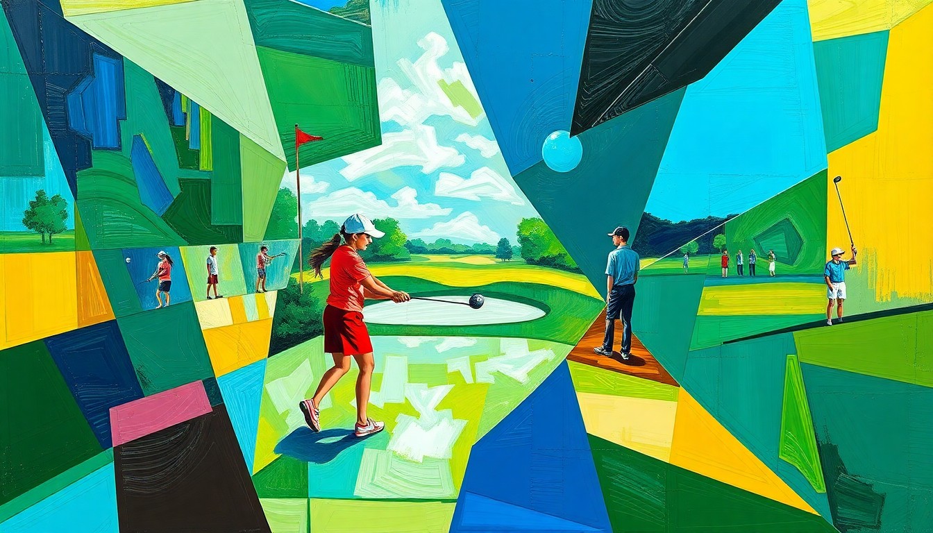 A cubist, geometric painting depicting overlapping, fragmented images of golfers swinging clubs and putting on a green golf course, rendered in vibrant shades of green, blue, and yellow.