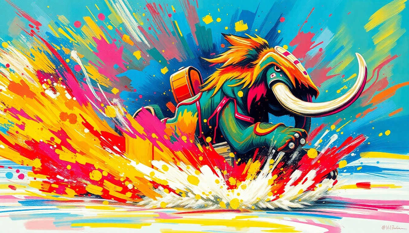 An abstract, expressionist painting in neon colors depicting the custom-built 'Zammoth' ride circling an ice rink, its mammoth-themed features blending into a dynamic, energetic composition.