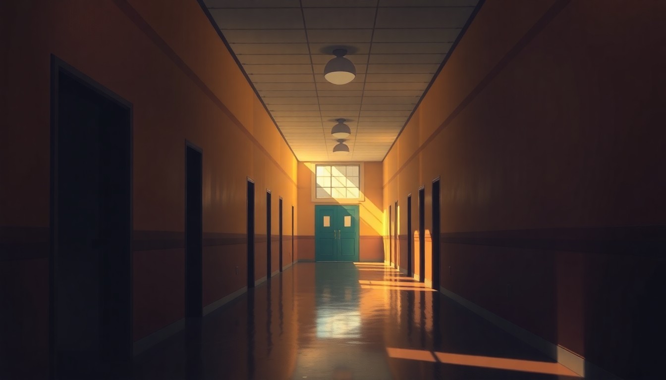 A serene, photorealistic painting of an empty school hallway with sunlight streaming through the windows, creating a warm, nostalgic atmosphere suggestive of the importance of these local education decisions.