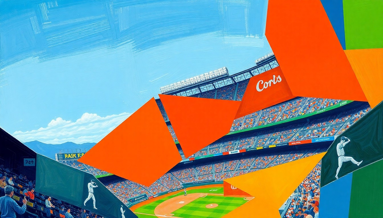 A vibrant, fragmented painting depicting a baseball game in progress, with the players and field broken down into sharp, angular shapes and planes of color.