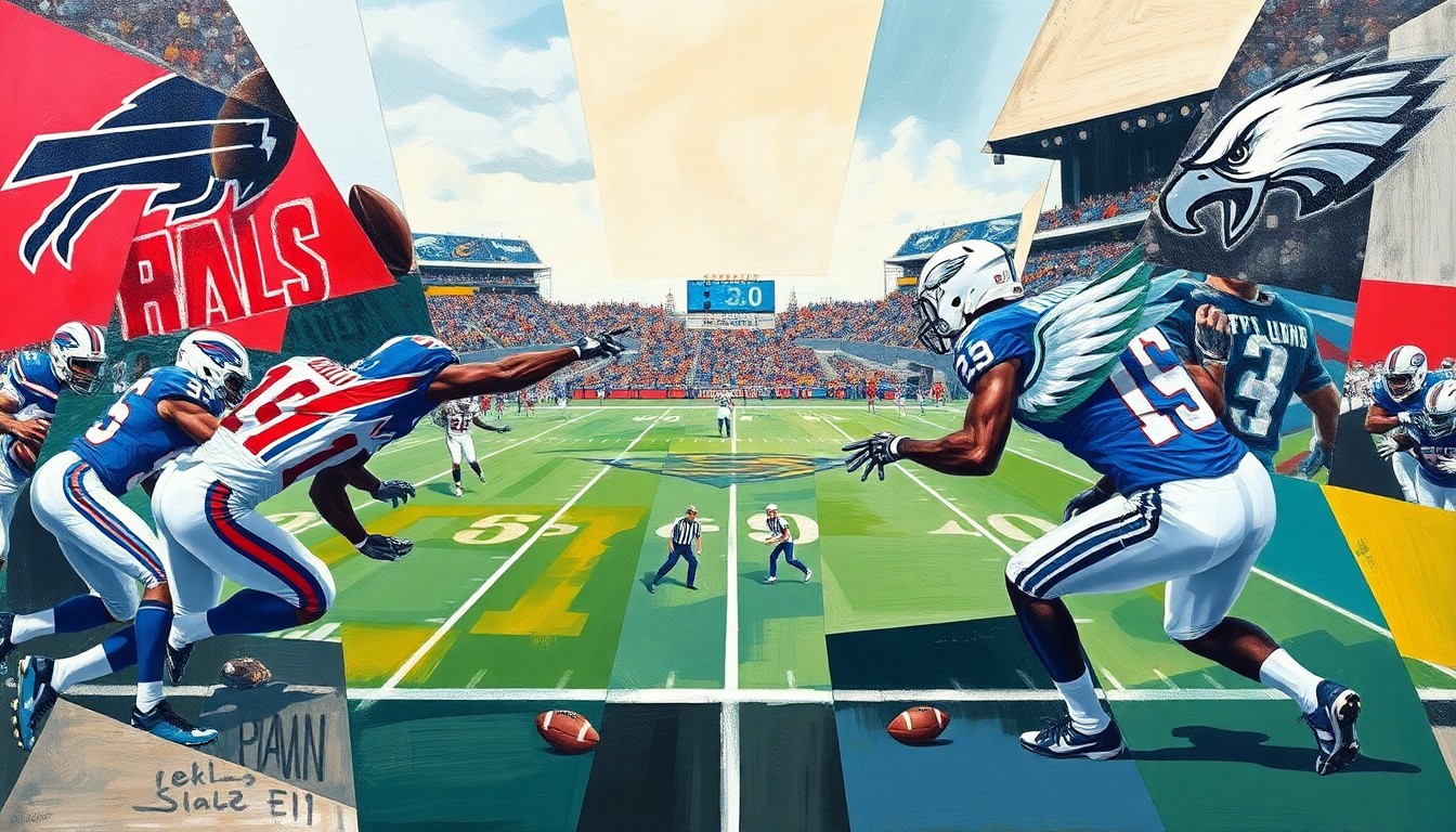 A fragmented, geometric painting depicting a football game or match between two teams, with the players and field reduced to abstracted shapes and planes of color in a cubist style, conveying the energy and strategy of the sport.