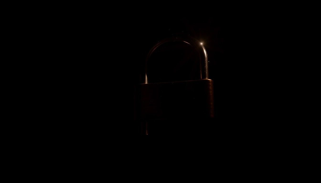 An extreme close-up of a bicycle lock against a pitch-black background, the metal surface reflecting the harsh light of the camera flash, conveying a sense of the gritty investigation into a recent theft.