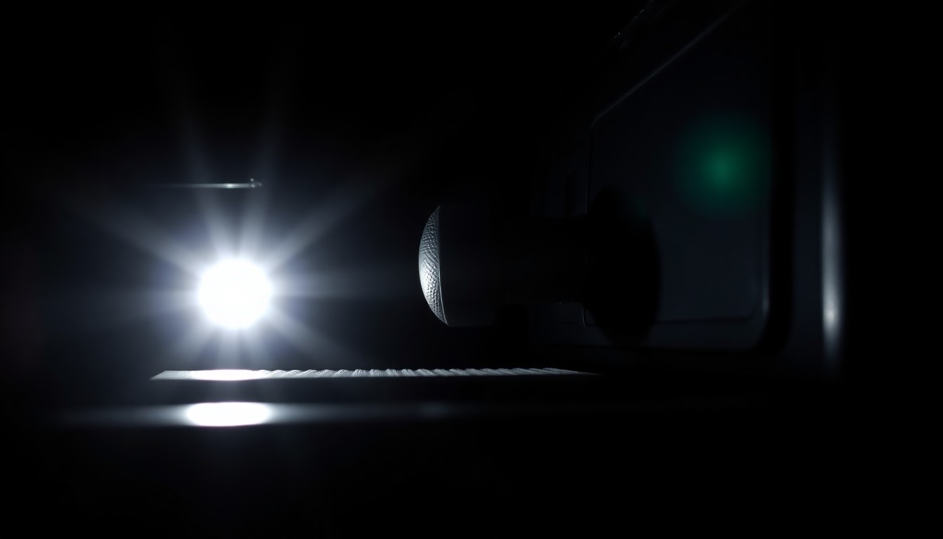 An extreme close-up photograph of a cash register drawer handle, the metallic surface reflecting the harsh light and creating dramatic shadows, conceptually representing the evidence of an attempted robbery.