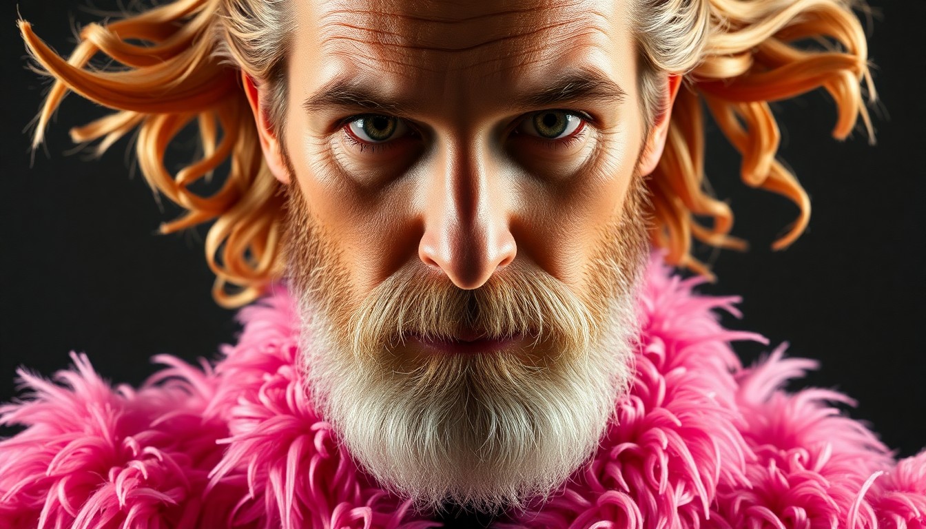 An extreme close-up photograph of Matthew McConaughey's blonde pigtails and full beard, capturing the luxurious texture of the actor's feathered pink robe in high-contrast studio lighting.