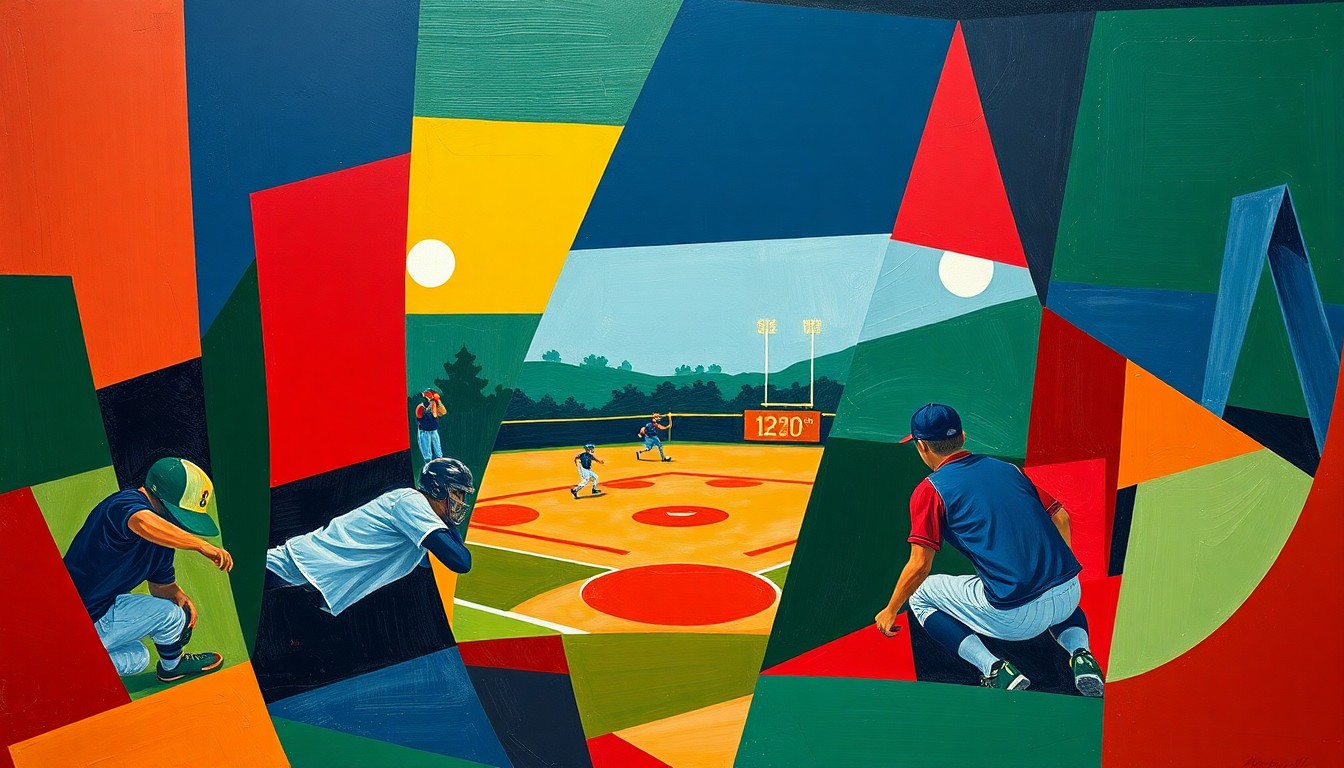 A cubist-style painting featuring fragmented, overlapping geometric shapes in navy, green, and red, conceptually representing the dynamic action and energy of a high school softball game.